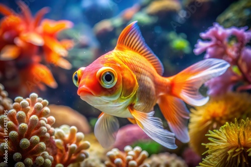 A big-eyed goldfish swims lazily in a peaceful fish tank filled with vibrant coral and rocky formations, its scales shimmering in the soft light.