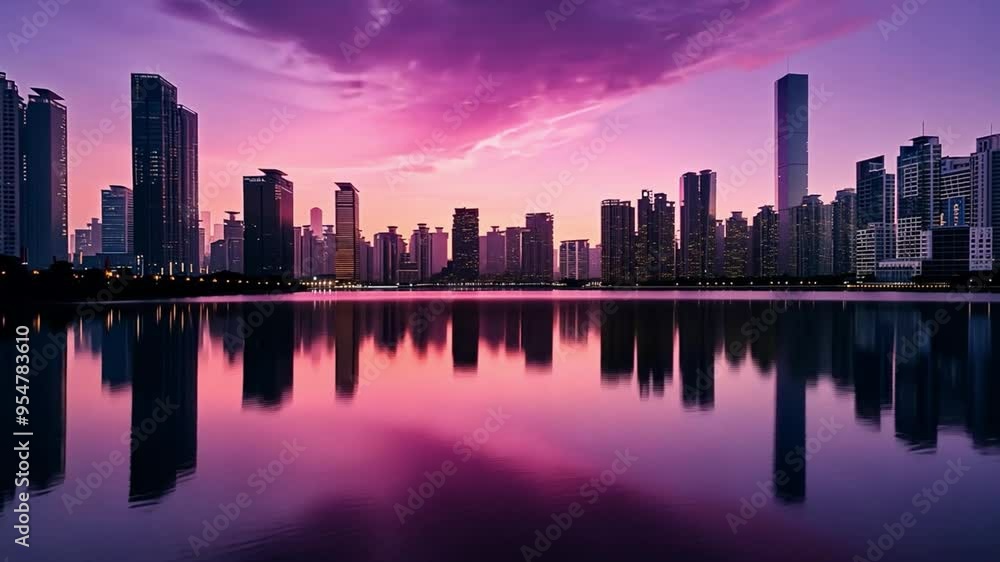 A modern city skyline reflected in a calm river at dawn A modern city skyline reflected in a calm river at dawn