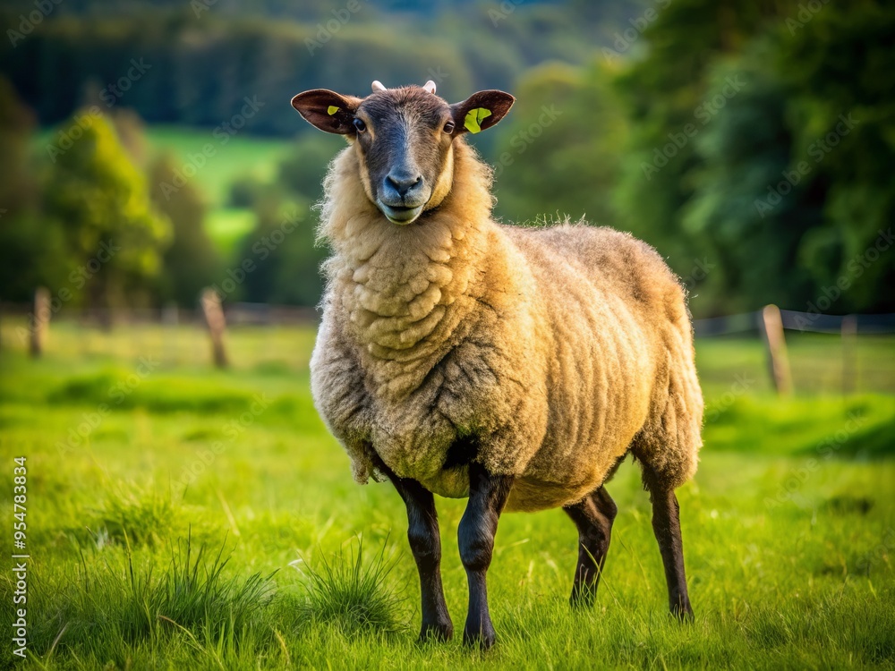 Fototapeta premium A majestic blackbelly sheep stands proudly in a lush green field, its distinctive horns and woolly coat glistening in the warm sunlight.