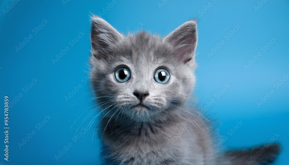 Obraz premium Gray Kitten with Big Eyes on Light Blue Background, Studio Shot- A cute gray kitten with la_1(190)