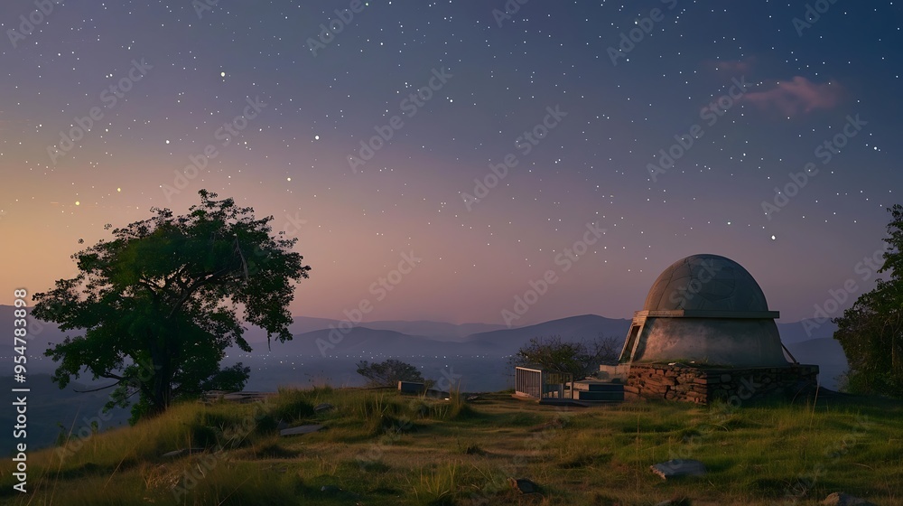Side view of an ancient Indian star observation site at dawn The scene shows astronomers with early telescopic devices charting star positions while the sky transitions from night to day Side view of an ancient Indian star observation site at dawn The scene shows astronomers with early telescopic devices charting star positions while the sky transitions from night to day