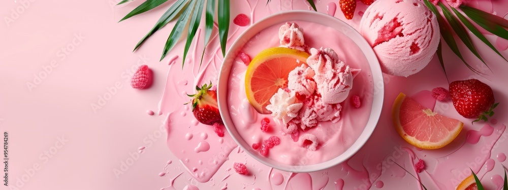 Naklejka premium Pink grapefruit ice cream with fresh fruits on a pastel background