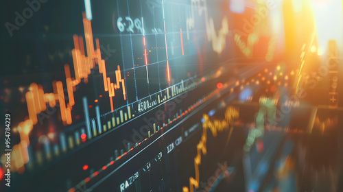 A computer screen showing a live stock chart with fluctuating prices and trends in the background