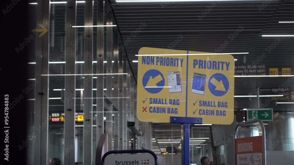 Pan shot of airport sign for priority and non-priority passengers Pan shot of airport sign for priority and non-priority passengers
