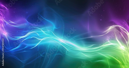 A vibrant abstract design featuring flowing waves of color in shades of blue, green, and purple, creating a dynamic visual effect.