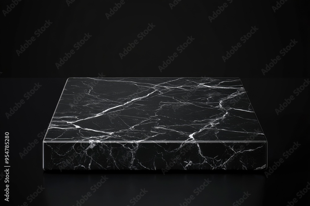 Black pedestal with marble pattern on dark black background. Empty square base in luxury design for product display, advertising, sale, and show. with generative ai Black pedestal with marble pattern on dark black background. Empty square base in luxury design for product display, advertising, sale, and show. with generative ai
