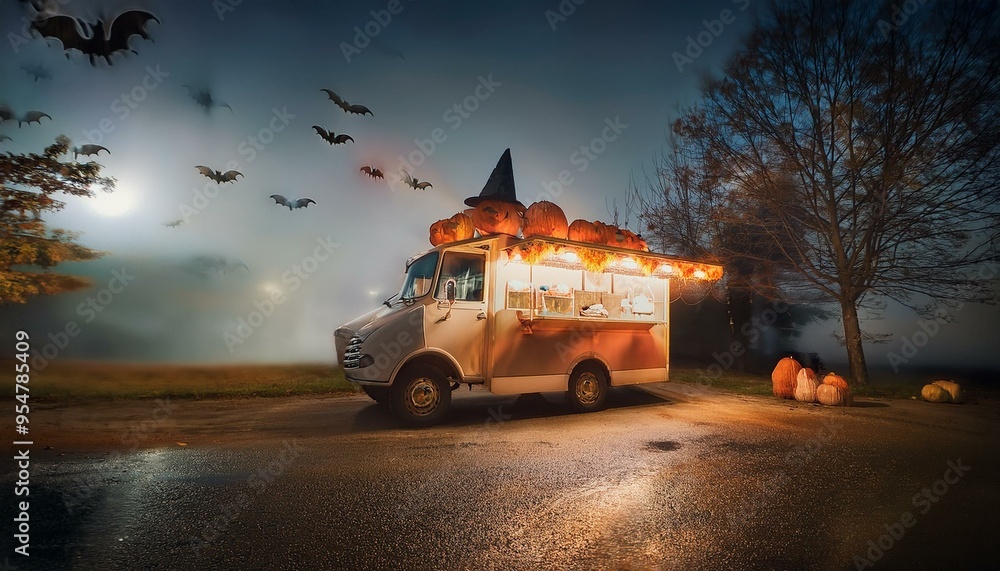 Halloween ica cream truck in moon light in fog with halloween decorations Halloween ica cream truck in moon light in fog with halloween decorations