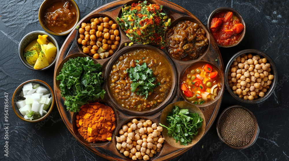 A flat lay of an Ethiopian injera platter with various stews, including lentils, chickpeas, and spiced vegetables, served on a large round injera bread. A flat lay of an Ethiopian injera platter with various stews, including lentils, chickpeas, and spiced vegetables, served on a large round injera bread.
