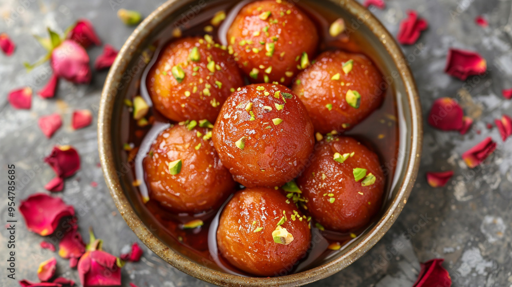 A flat lay of an Indian gulab jamun soaked in rose-flavored sugar syrup, served in a small bowl with a sprinkle of pistachios. A flat lay of an Indian gulab jamun soaked in rose-flavored sugar syrup, served in a small bowl with a sprinkle of pistachios.