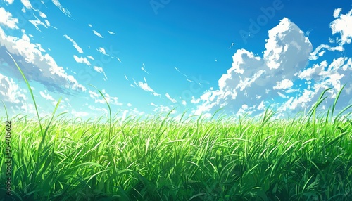 Lush Green Grass Field Under a Blue Sky with White Clouds