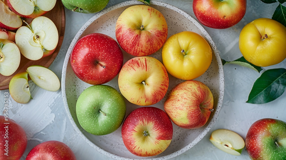 A flat lay of assorted apples, including red, green, and yellow varieties, arranged on a white ceramic plate with a few apple slices scattered around.