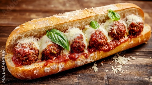 On a wooden board, a meatball sub sandwich with marinara sauce, melted cheese, and fresh basil is showcased.