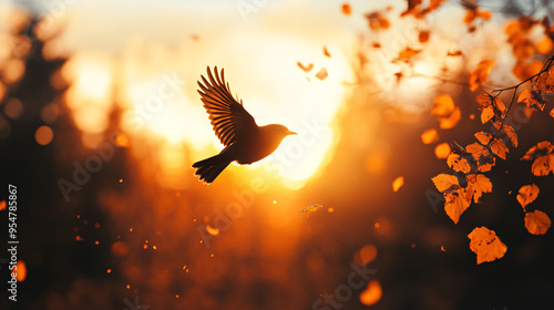 A bird flying in the sky with the sun in the background. The bird is black and white