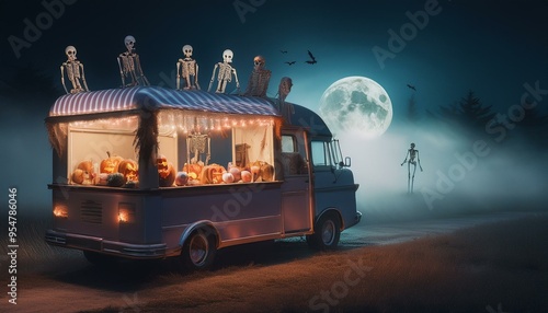 Halloween ica cream truck in moon light in fog with halloween decorations