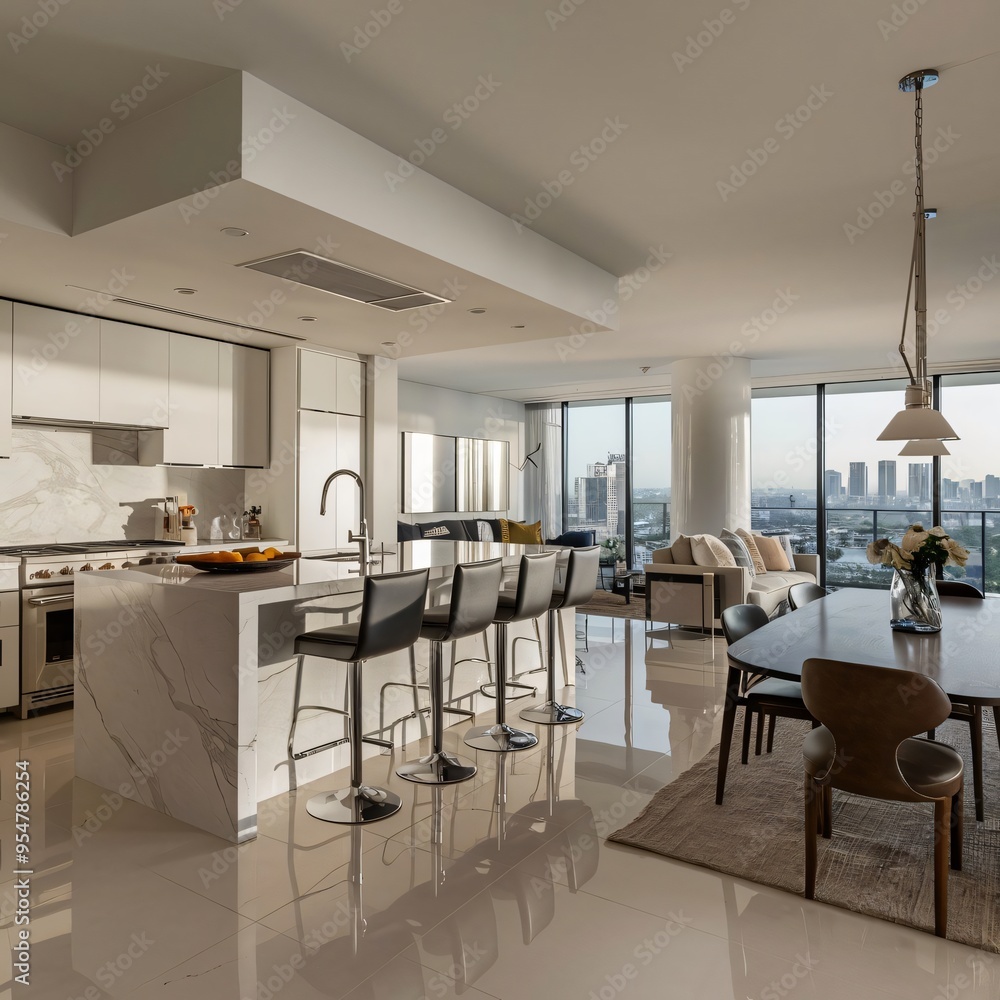 Modern Kitchen and Dining Room with City View Modern Kitchen and Dining Room with City View
