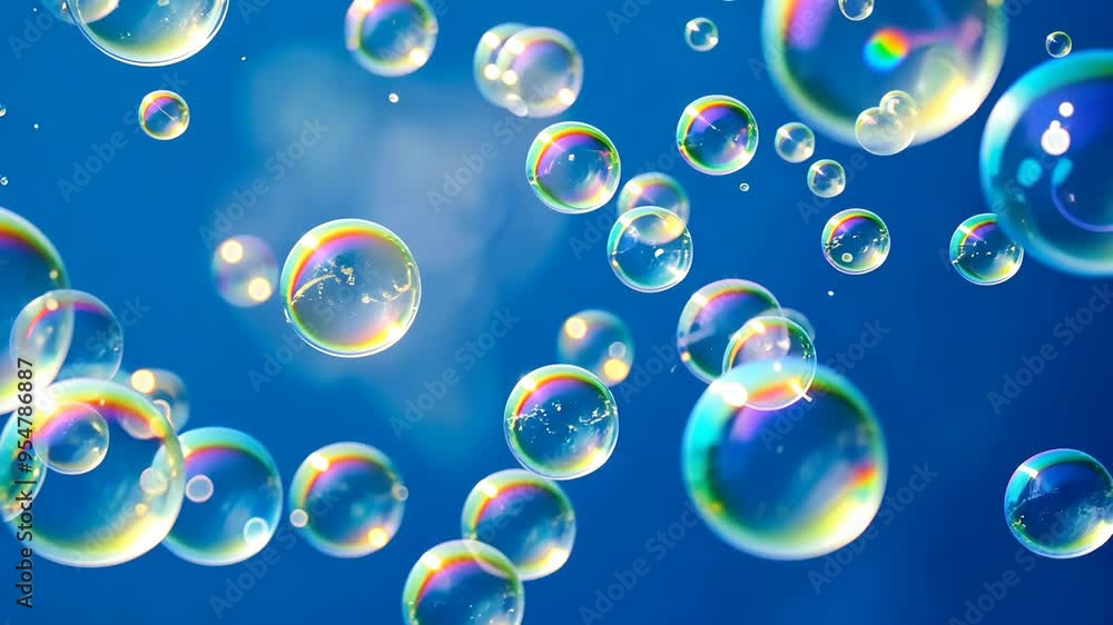 Colorful soap bubbles floating in a bright blue sky during a sunny day Colorful soap bubbles floating in a bright blue sky during a sunny day