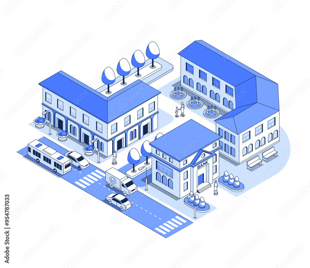 City bank and municipal buildings - vector isometric illustration City bank and municipal buildings - vector isometric illustration