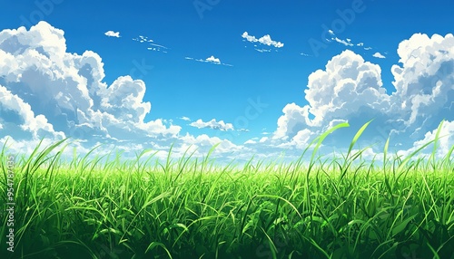Lush Green Grass Field Under a Blue Sky with Fluffy Clouds