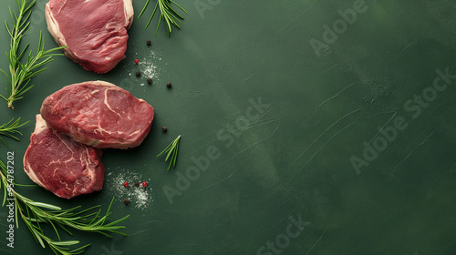 Raw beef steaks with rosemary and spices on green textured background. Fresh meat preparation concept with space for text. Minimalist culinary food photography.