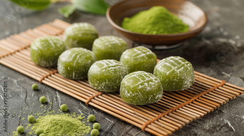 A flat lay of a Japanese matcha green tea mochi with a soft and chewy texture, arranged on a bamboo mat with a sprinkle of matcha powder.