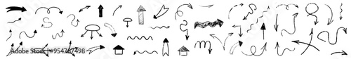 Hand drawn arrow scribble crayon set. Squiggle, scratch doodle kid arrow star set. Crayon scratch texture shape kid naive. Vector illustration