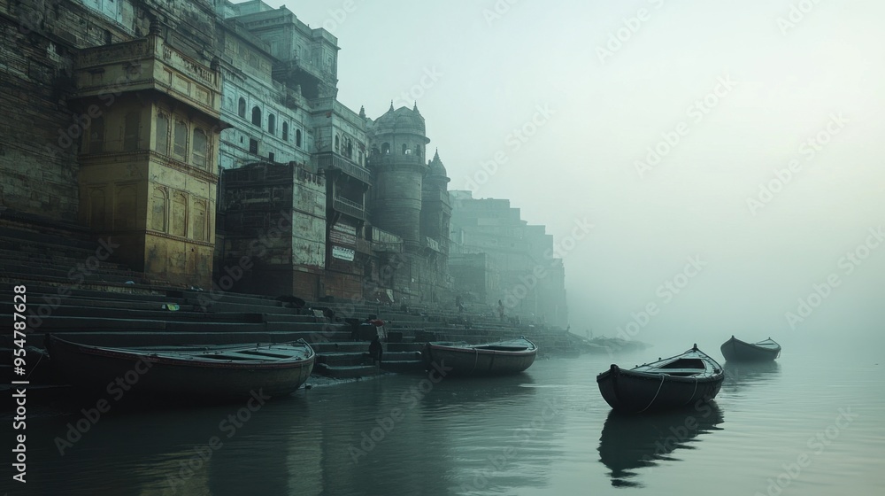 The ghats of Varanasi, quiet and serene, with the Ganges River flowing peacefully under the soft light of the early morning. The ghats of Varanasi, quiet and serene, with the Ganges River flowing peacefully under the soft light of the early morning.