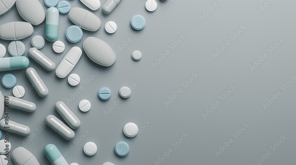 Minimalist arrangement of assorted pills and capsules on light gray background. Healthcare and medicine concept with copy space for text. Minimalist arrangement of assorted pills and capsules on light gray background. Healthcare and medicine concept with copy space for text.