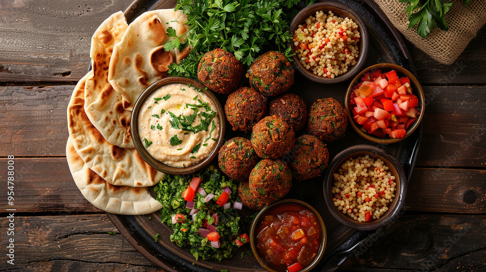 A flat lay of a Middle Eastern falafel plate with crispy falafel balls, hummus, tabbouleh, and pita bread, arranged on a large ceramic plate. A flat lay of a Middle Eastern falafel plate with crispy falafel balls, hummus, tabbouleh, and pita bread, arranged on a large ceramic plate.