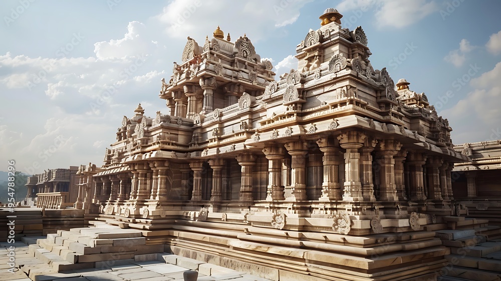 Side view of an ancient Indian temple with astronomical alignments The temple is aligned with celestial events and priests are performing rituals based on star positions and lunar cycles Side view of an ancient Indian temple with astronomical alignments The temple is aligned with celestial events and priests are performing rituals based on star positions and lunar cycles
