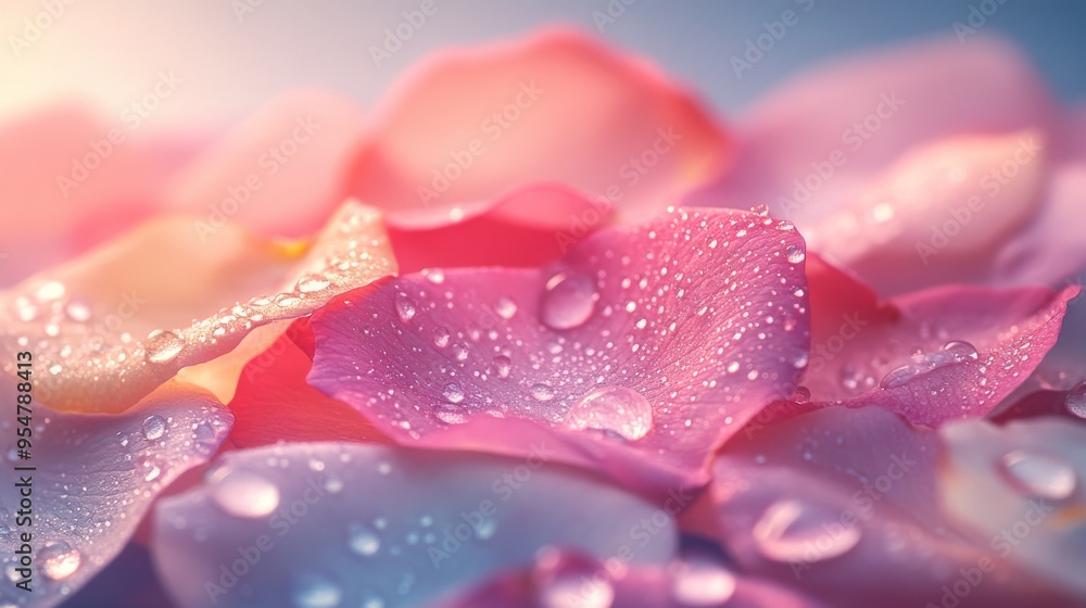 Fototapeta premium Close-up of Dew-Covered Rose Petals in Soft Lighting