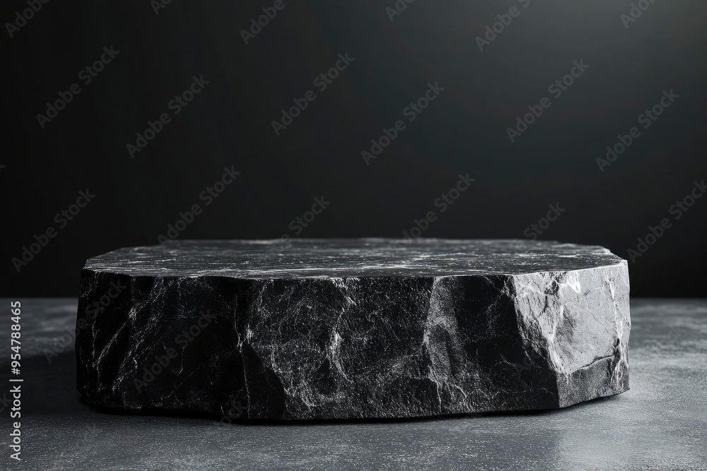 Black stone podium for luxury product placement. Rock granite pedestal stage background. Natural material scene. Minimal luxury aesthetic with generative ai Black stone podium for luxury product placement. Rock granite pedestal stage background. Natural material scene. Minimal luxury aesthetic with generative ai