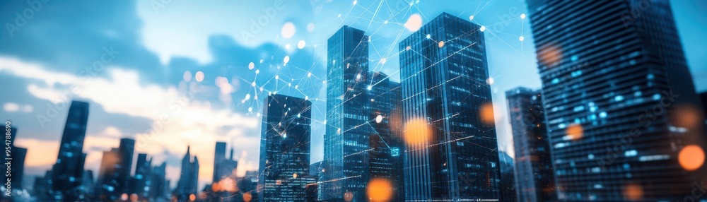 Obraz premium AI-powered real estate insights, smart technology dashboards, modern high-rise buildings