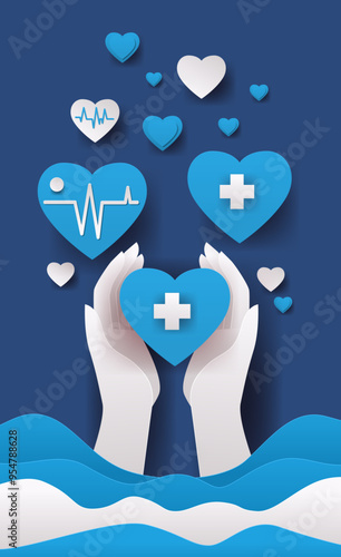 Healthcare hands holding heart symbols medical care concept. Hands holding blue hearts with medical symbols and ECG lines floating on blue background with wave elements. Paper cut style