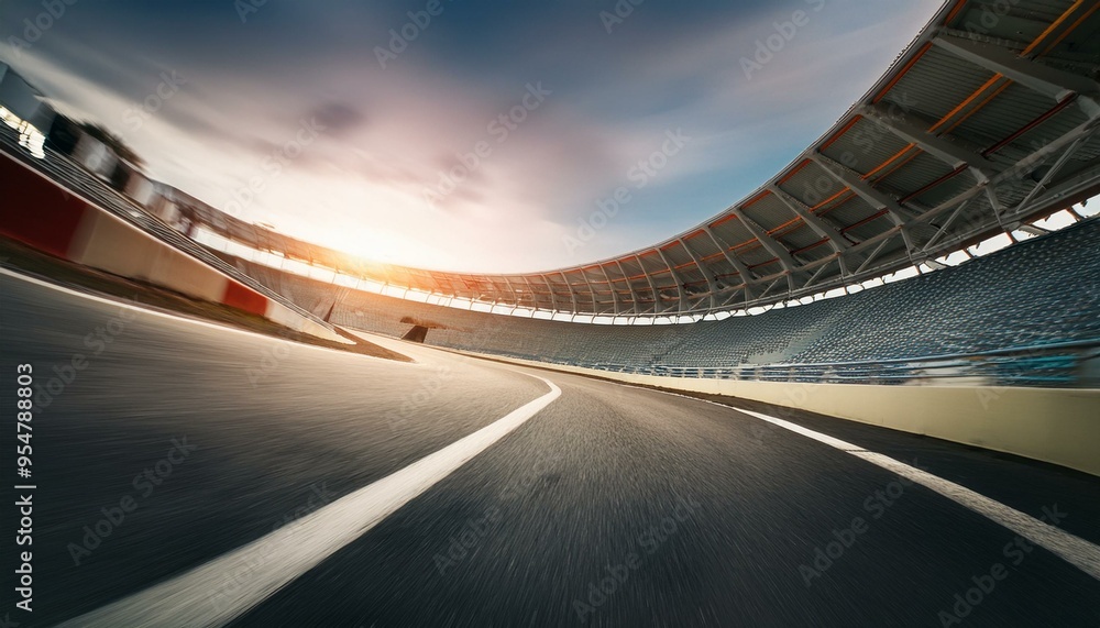 Fototapeta premium Race track corner in motion, dynamic drive, high speed view