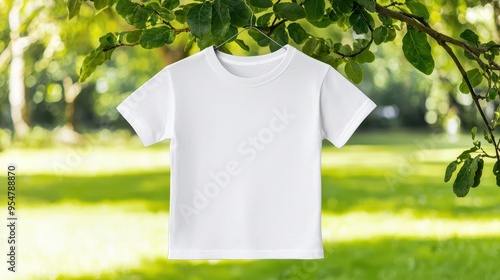 White kids' T-shirt hanging on a tree branch with a sunny park background, Kids T-Shirt Mockup, Outdoor and vibrant atmosphere