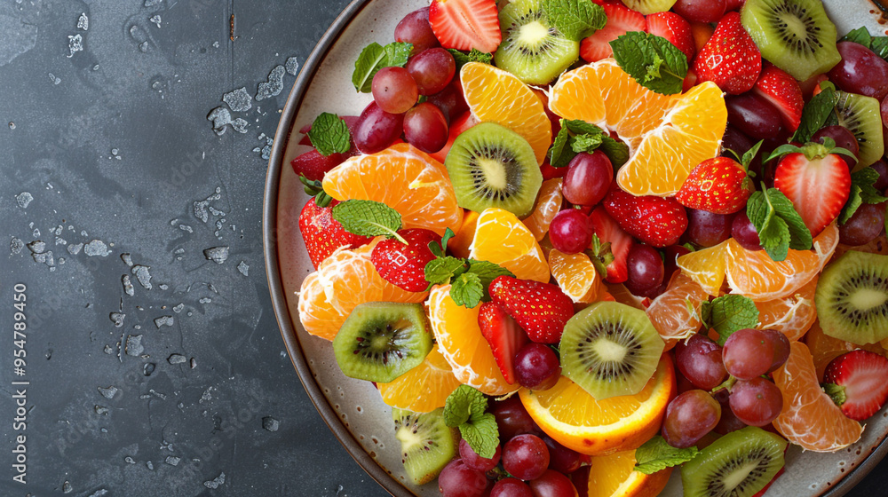 A flat lay of a vibrant fruit salad with a mix of sliced oranges, kiwi, strawberries, and grapes, garnished with mint leaves on a ceramic platter. A flat lay of a vibrant fruit salad with a mix of sliced oranges, kiwi, strawberries, and grapes, garnished with mint leaves on a ceramic platter.