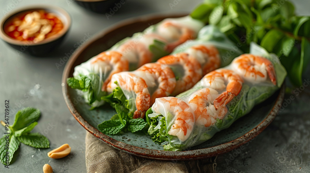 A flat lay of a Vietnamese fresh spring roll with shrimp, lettuce, mint, and vermicelli noodles, wrapped in rice paper and served with a side of peanut dipping sauce. A flat lay of a Vietnamese fresh spring roll with shrimp, lettuce, mint, and vermicelli noodles, wrapped in rice paper and served with a side of peanut dipping sauce.