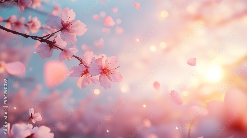 Pink Cherry Blossoms with Falling Petals in Soft Sunlight Pink Cherry Blossoms with Falling Petals in Soft Sunlight