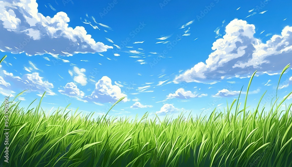 A Field of Tall Green Grass Against a Blue Sky With White Clouds A Field of Tall Green Grass Against a Blue Sky With White Clouds