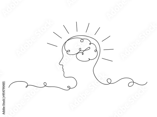 Continuous one line drawing head and brain mind and mental health problem concept isolated vector illustration.