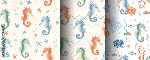 Set of seamless patterns with cute seahorse, starfish and algae. Underwater world, ocean inhabitants. Suitable for fabric, wallpaper, wrapping paper, scrapbooking, etc.