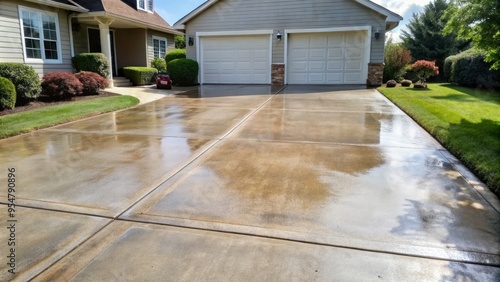 a photo image of a recently cleaned concrete driveway after pressure washing procedure, with fresh water marks and dirt removed photo