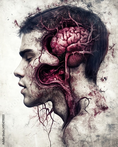 Surreal Portrait of Human Anatomy with Detailed Brain Illustration photo