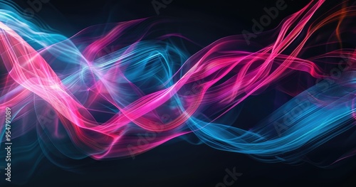 A vibrant abstract design featuring flowing waves in pink and blue hues against a dark background, evoking a sense of motion and energy.