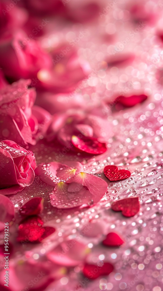 A close-up view of delicate rose petals scattered across a soft pink velvet background, each petal glistening with dew. A small cluster of red heart-shaped confetti adds a romantic touch. A close-up view of delicate rose petals scattered across a soft pink velvet background, each petal glistening with dew. A small cluster of red heart-shaped confetti adds a romantic touch.