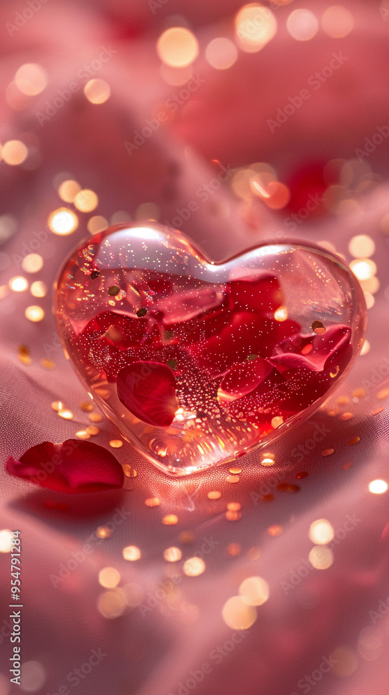 A close-up view of a delicate glass heart pendant filled with tiny red rose petals, lying on a soft pink velvet background with subtle golden sparkles. A close-up view of a delicate glass heart pendant filled with tiny red rose petals, lying on a soft pink velvet background with subtle golden sparkles.