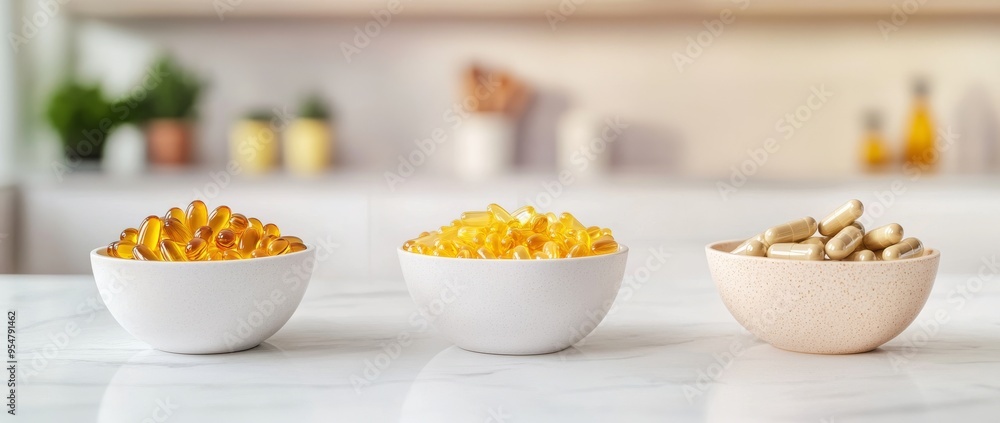 On top of a sleek kitchen counter surrounded by natural light are three ceramic bowls filled with capsules and tablets. On top of a sleek kitchen counter surrounded by natural light are three ceramic bowls filled with capsules and tablets.