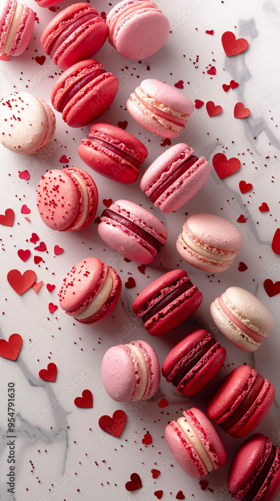 A creative arrangement of red and pink macarons, each decorated with tiny hearts, placed in a spiral pattern on a white marble surface with soft natural light. A creative arrangement of red and pink macarons, each decorated with tiny hearts, placed in a spiral pattern on a white marble surface with soft natural light.