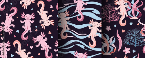 Set of seamless patterns with cute pink axolotl and seaweed. Underwater world, ocean inhabitants. Suitable for fabric, wallpaper, wrapping paper, scrapbooking, etc.