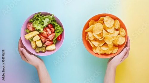 As one hand holds a bowl of crunchy, salty chips, the other hand holds a bowl of healthy, organic fresh vegetables.